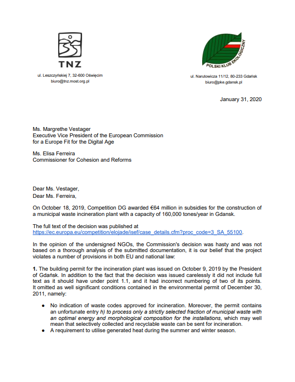 Letter to EU Commission on new subsidies for waste-to-energy plants in Poland