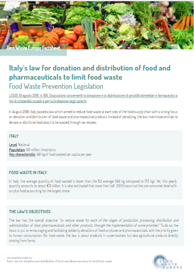 Italy’s law for donation and distribution of food and pharmaceuticals to limit food waste