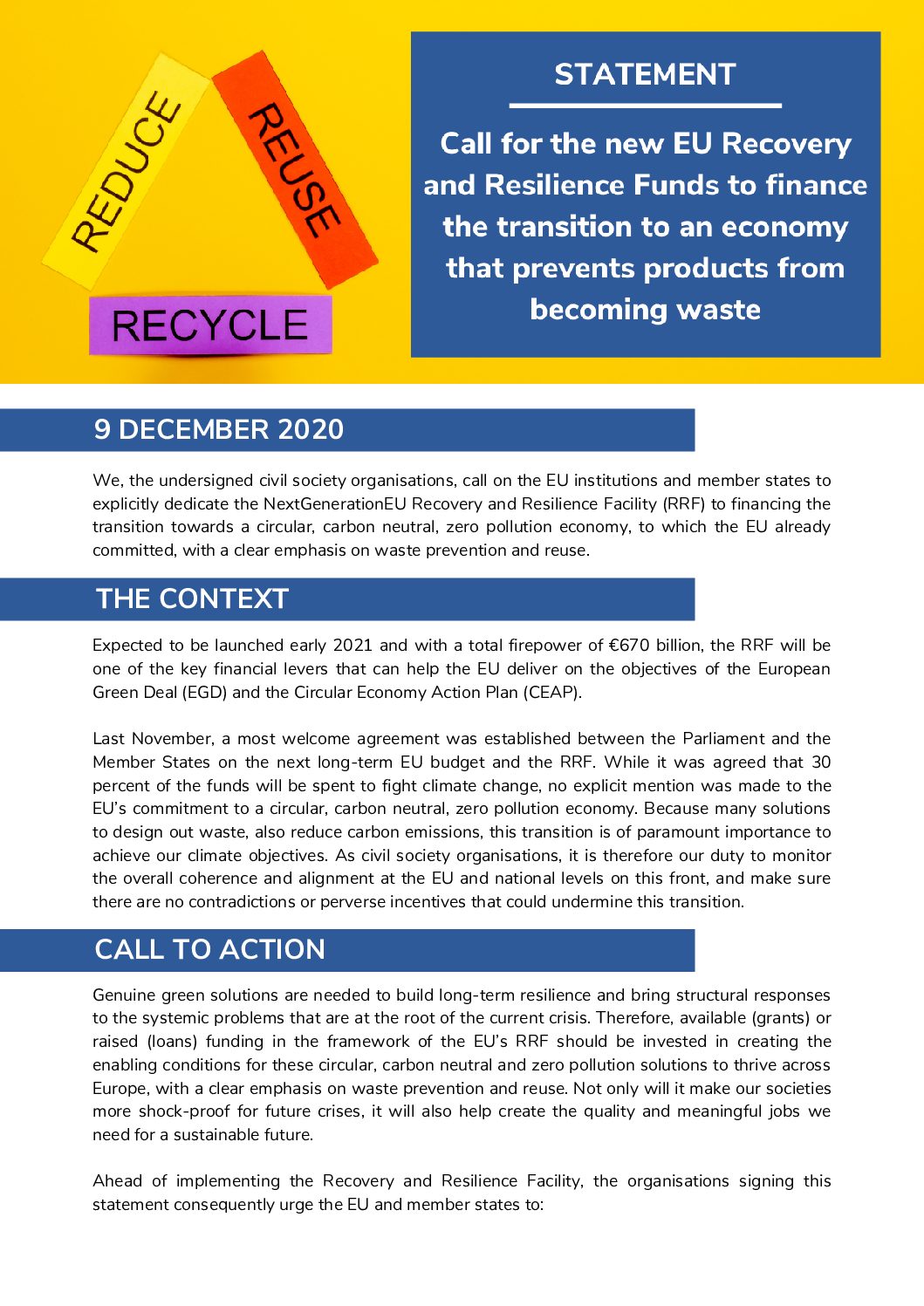Call for the new EU Recovery and Resilience Funds to finance the transition to an economy that prevents products from becoming waste