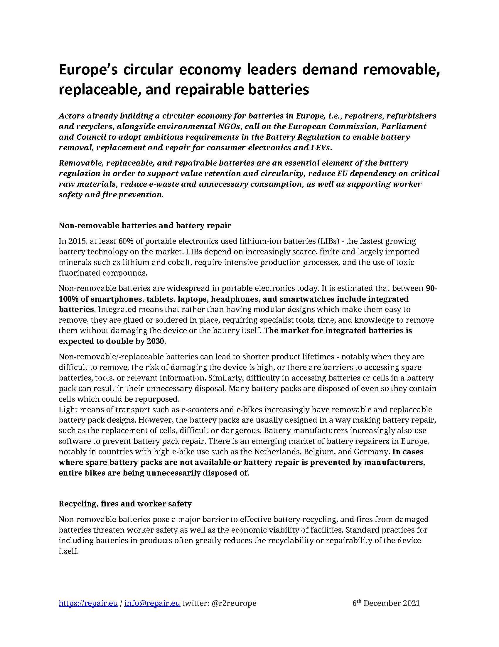 Joint Statement: Europe’s circular economy leaders demand removable, replaceable, and repairable batteries