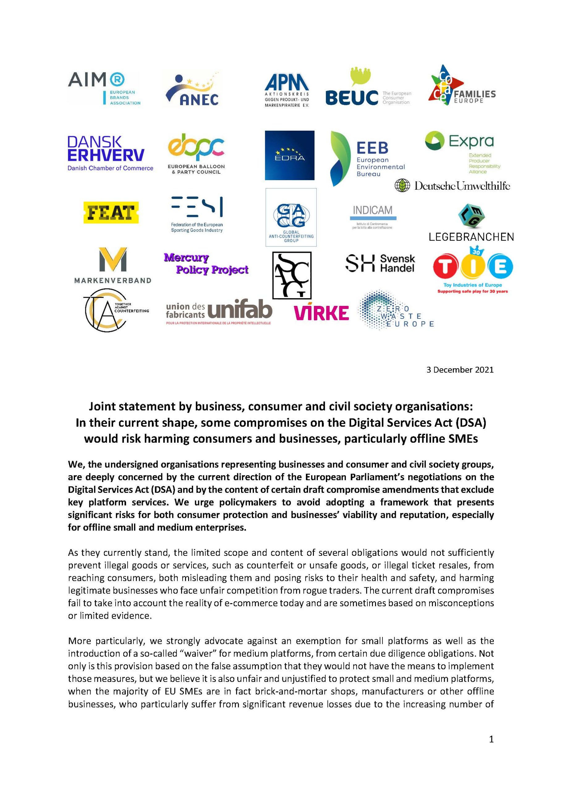 Joint statement by business, consumer and civil society organisations: In their current shape, some compromises on the Digital Services Act (DSA)  would risk harming consumers and businesses, particularly offline SMEs