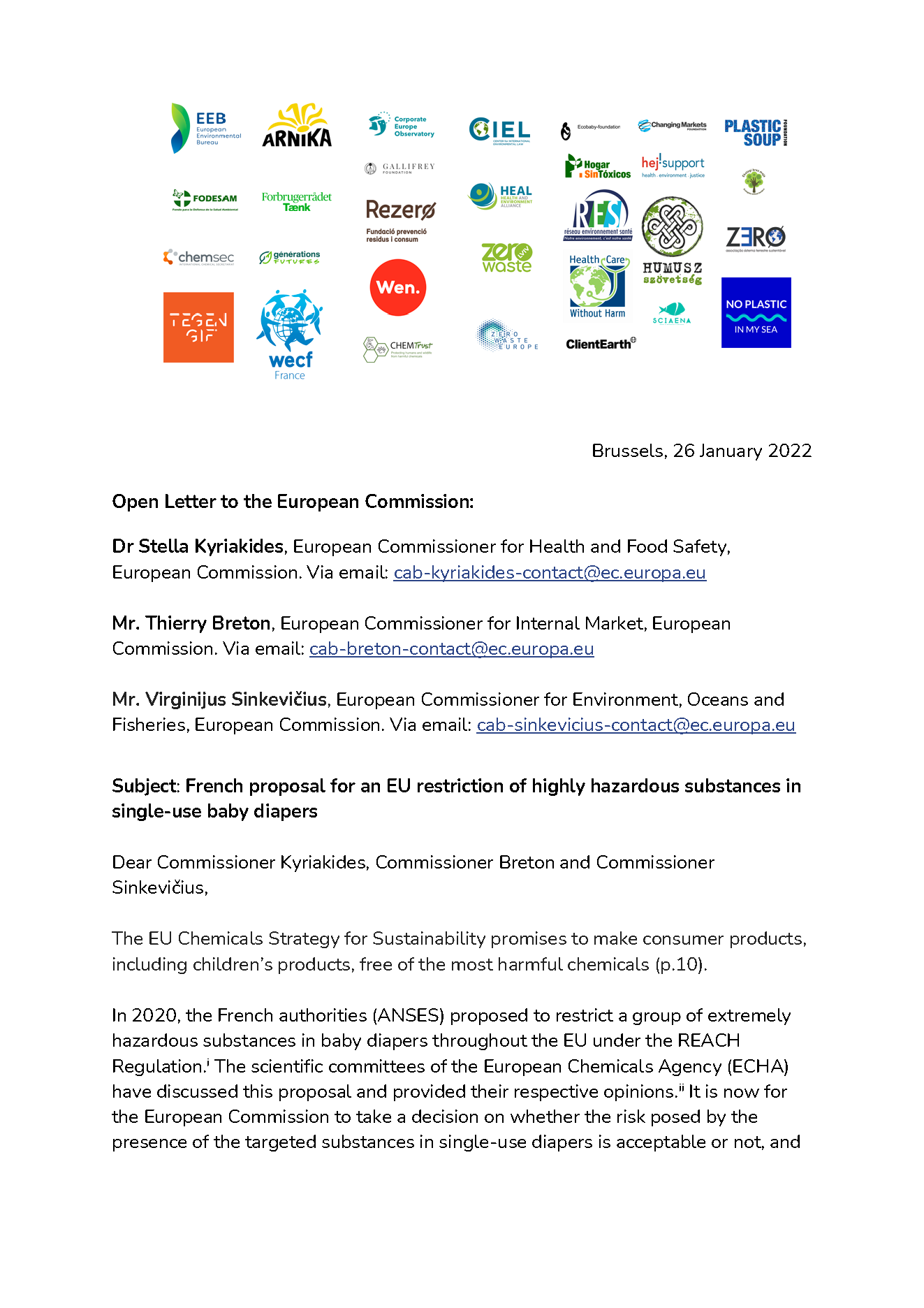 Open Letter to European Commission: French proposal for an EU restriction of highly hazardous substances in single-use baby diapers