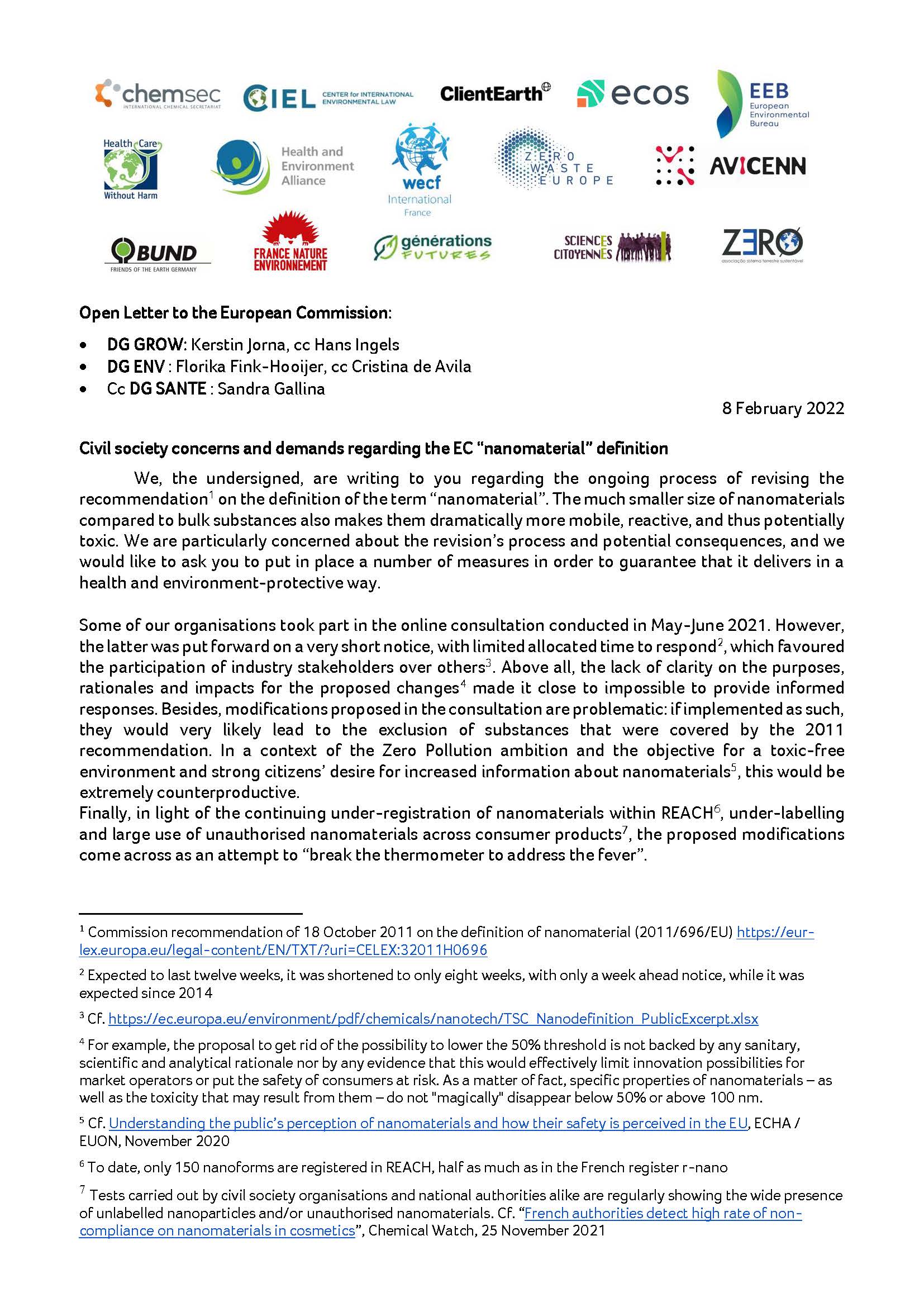 Open Letter – Civil society concerns and demands regarding the EC “nanomaterial” definition