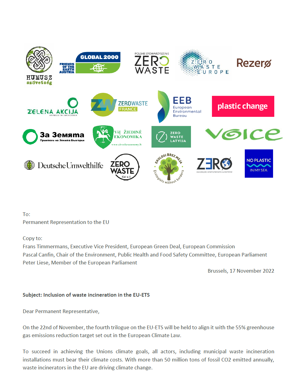 Joint letter – Inclusion of waste incineration in the EU ETS