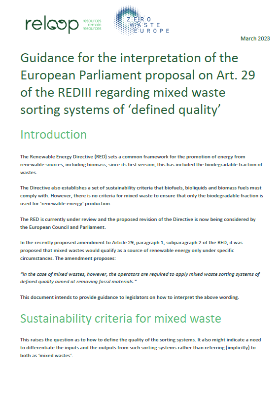 Guidance for the interpretation of the European Parliament proposal on Art. 29 of the REDIII regarding mixed waste sorting systems of ‘defined quality’