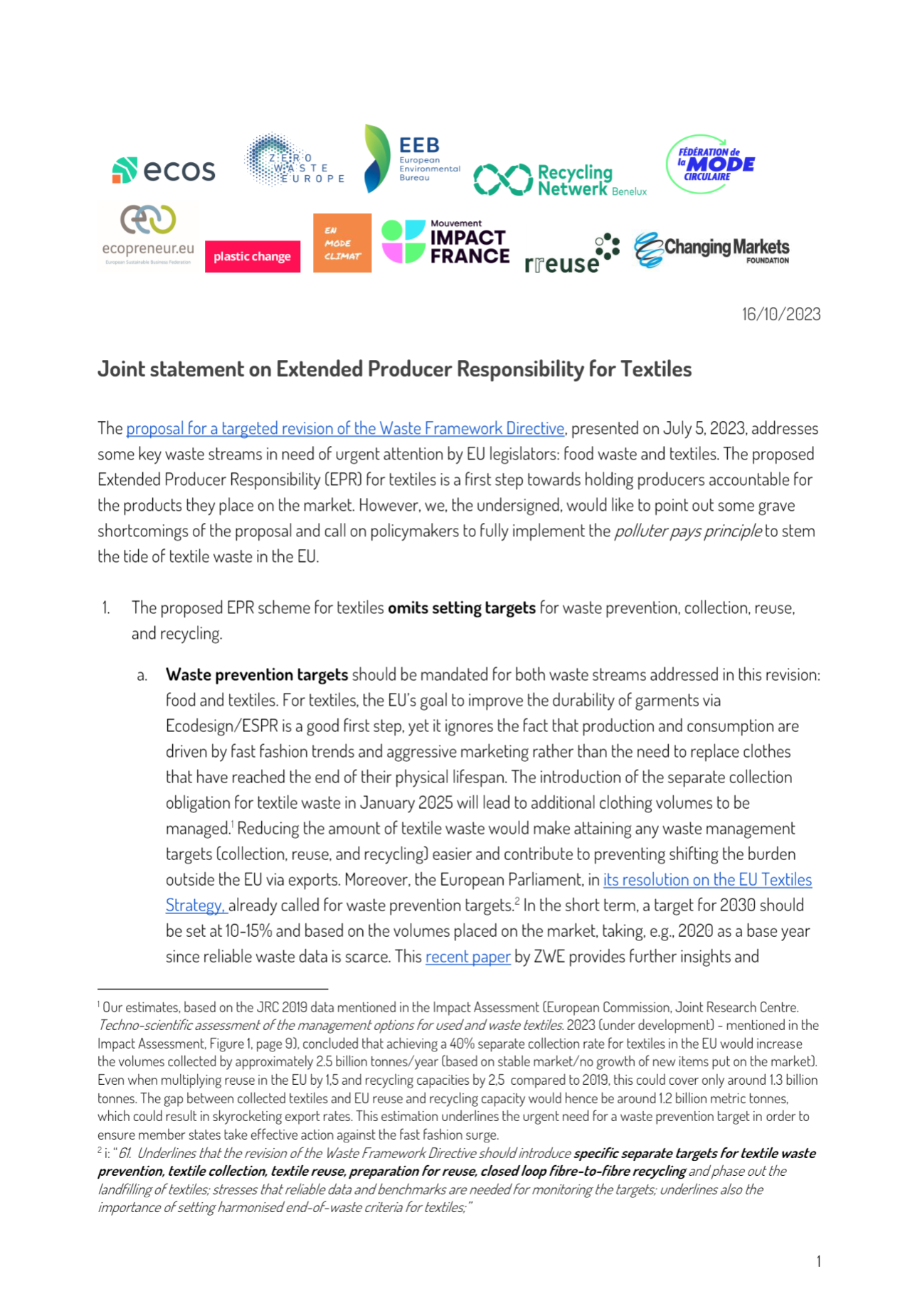 Joint statement on Extended Producer Responsibility for Textiles
