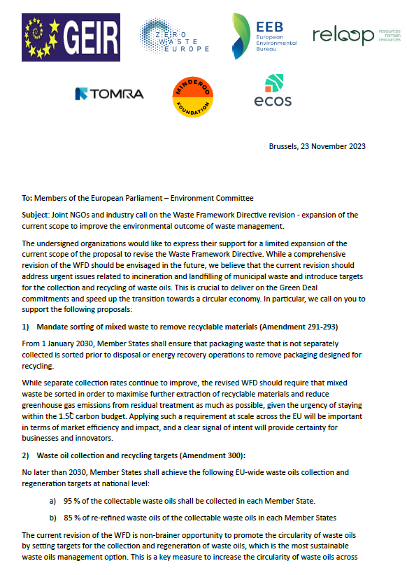 Joint letter – NGOs and industry call on the Waste Framework Directive revision