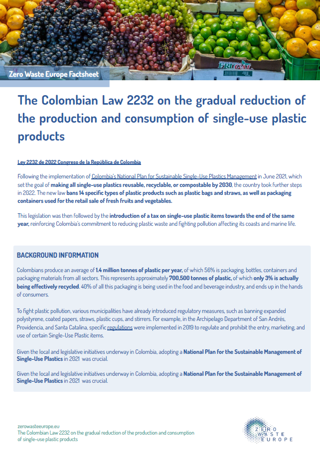 The Colombian Law 2232 on the gradual reduction of the production and consumption of single-use plastic products