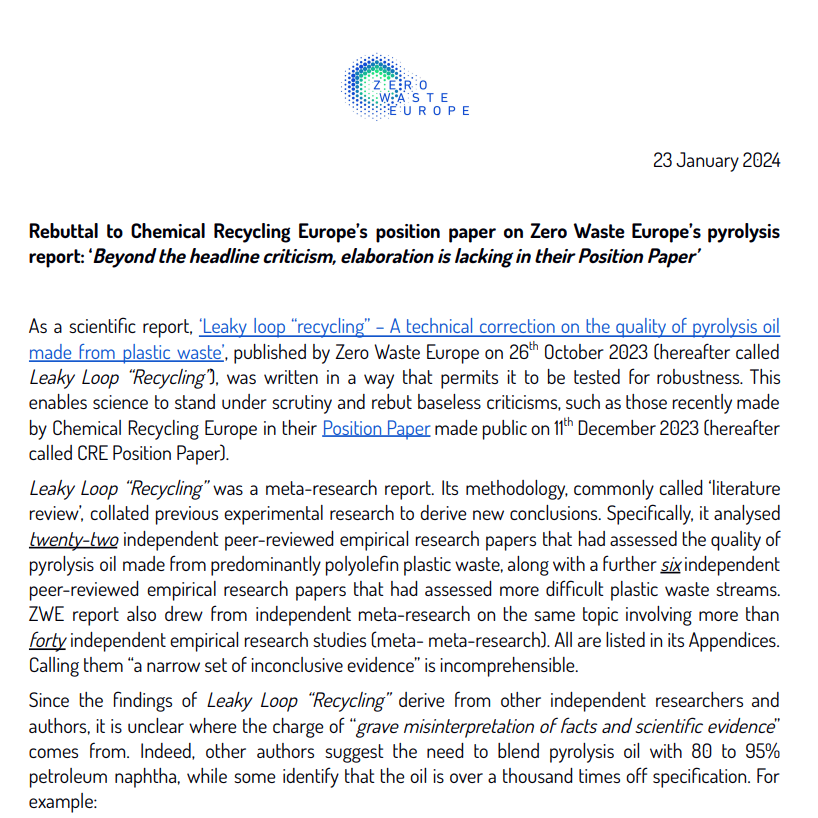 Rebuttal to Chemical Recycling Europe’s position paper on Zero Waste Europe’s pyrolysis report