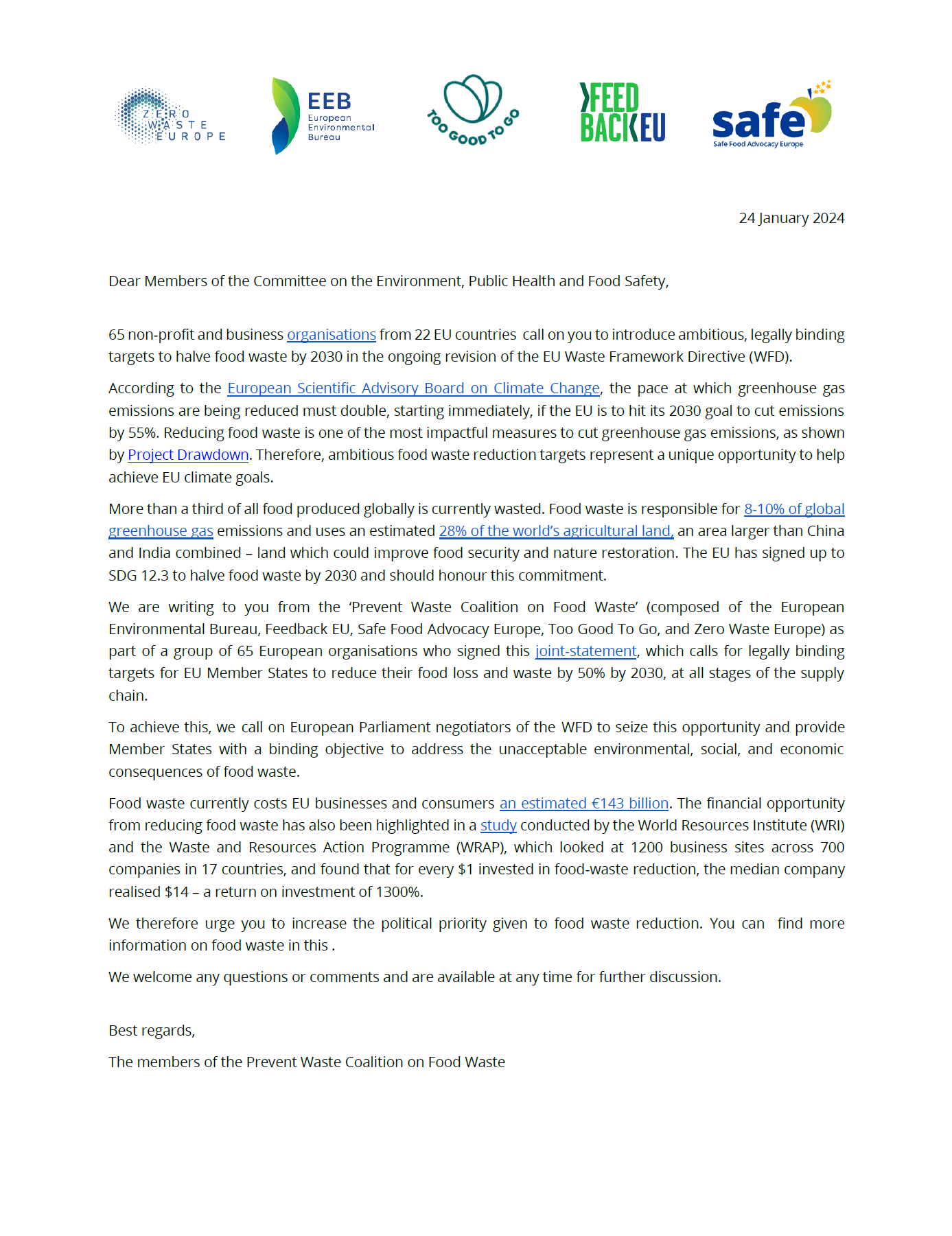 Joint letter calling on the European Parliament to strengthen food waste reduction targets in the Waste Framework Directive revision