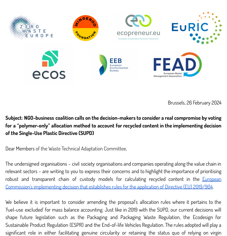 Joint letter calling decision-makers to vote “polymer-only” allocation method to account for recycled content in Single-Use Plastic Directive