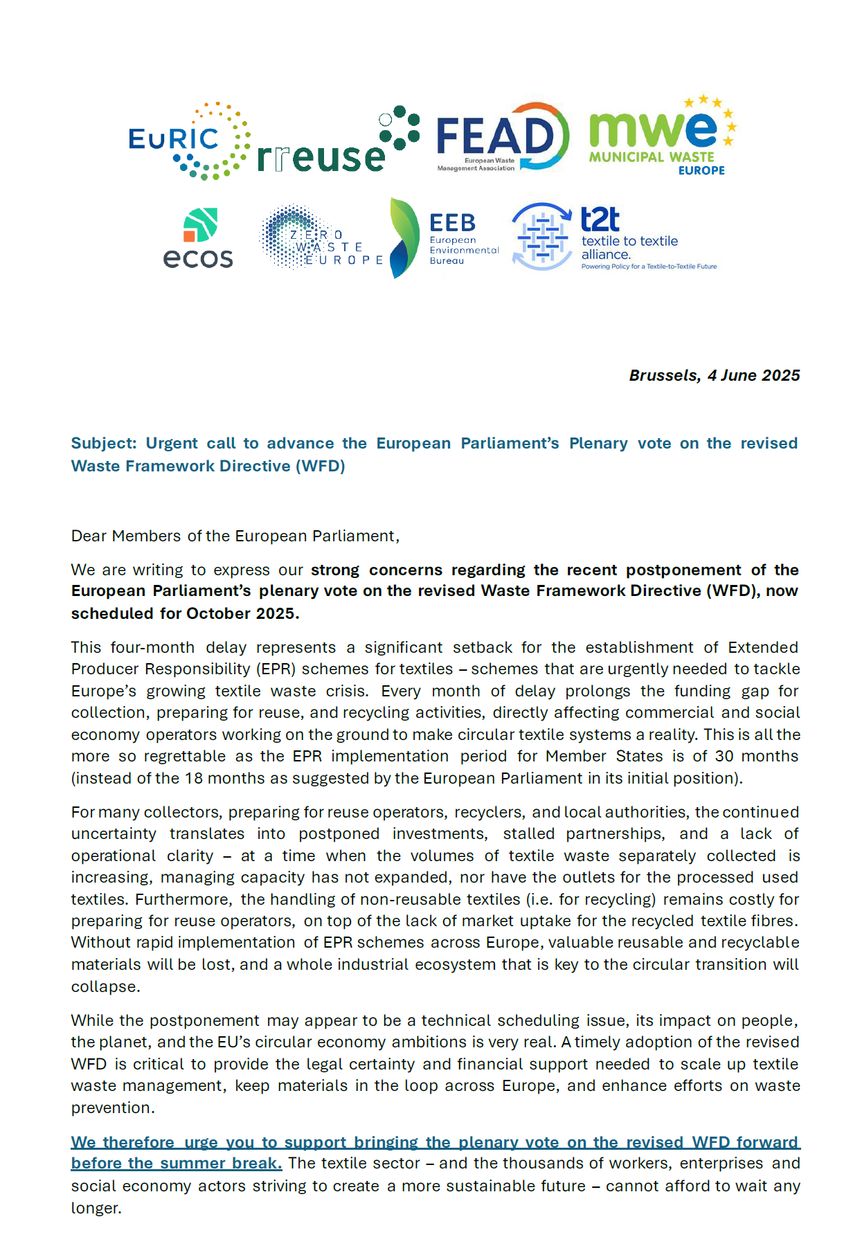 Joint letter – urgent call to advance the European Parliament’s Plenary vote on the revised Waste Framework Directive (WFD)