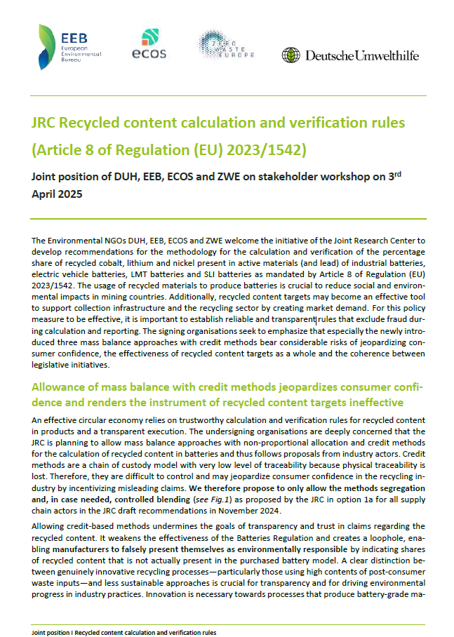 Joint position: JRC recycled content calculation and verification rules on stakeholder workshop on 3/04/2025
