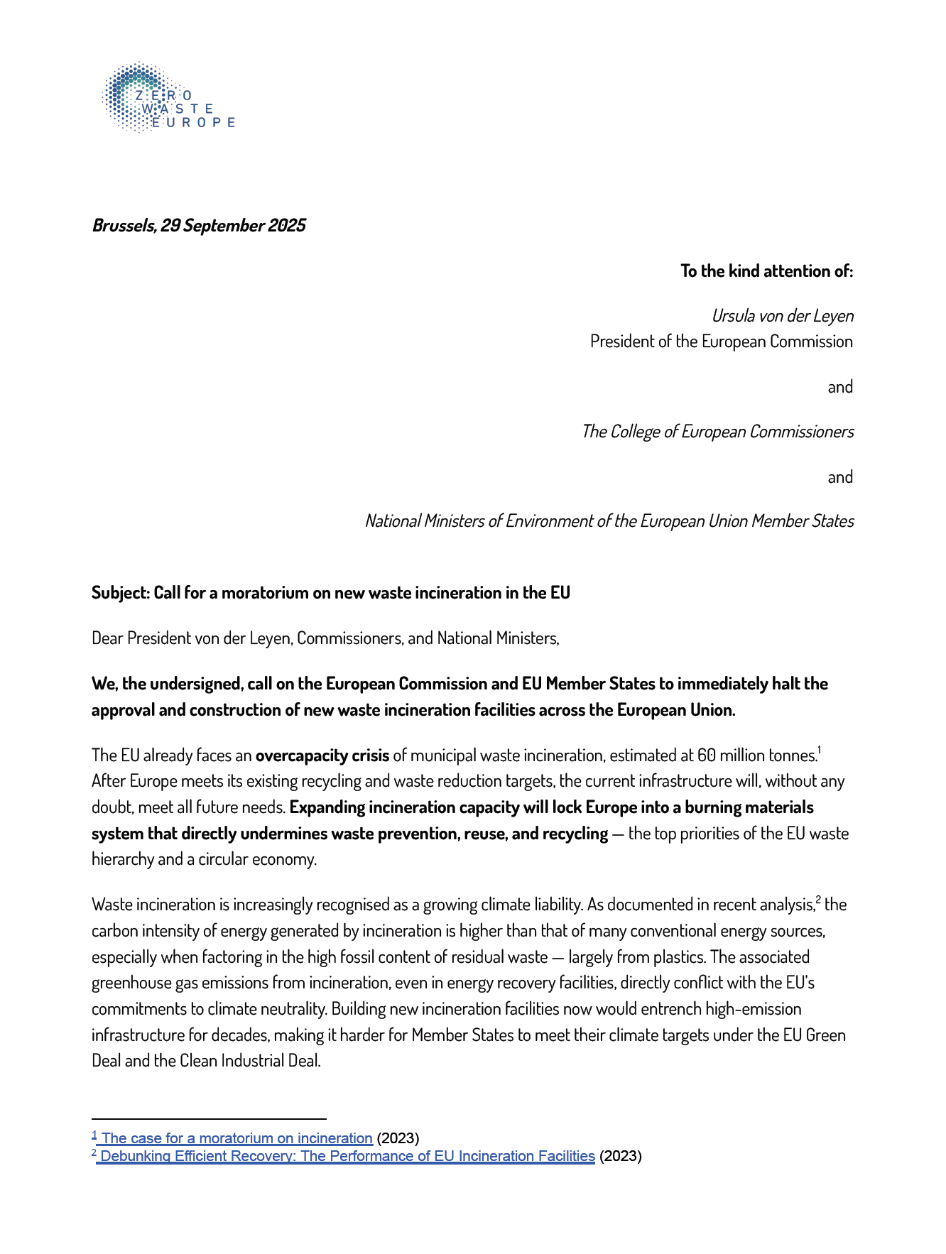 Call for a moratorium on new waste incineration in the EU