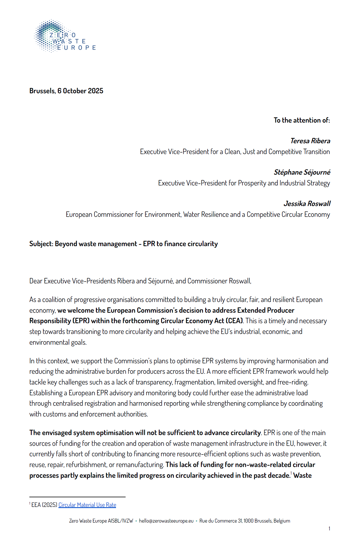 Joint letter – Beyond waste management: EPR to finance circularity