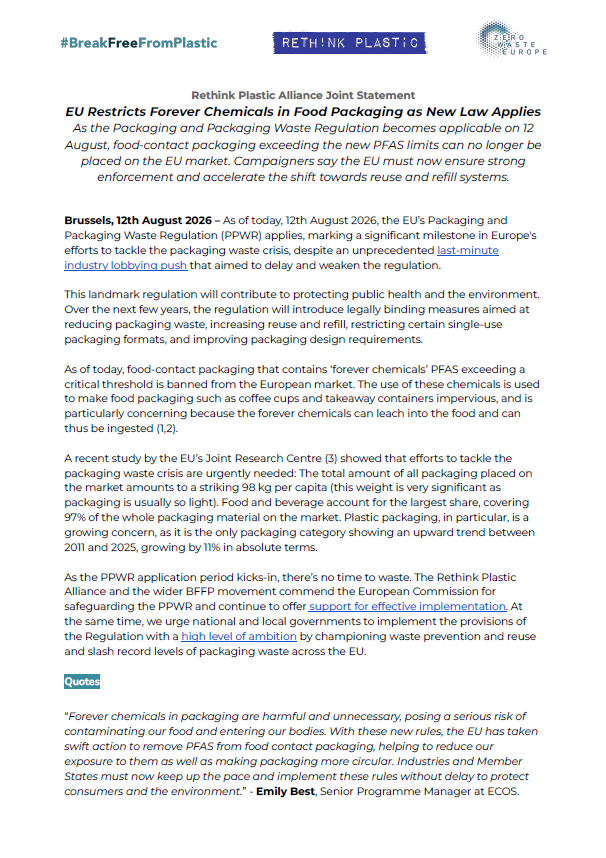 Joint statement – PPWR enters into application, we call for ambitious implementation