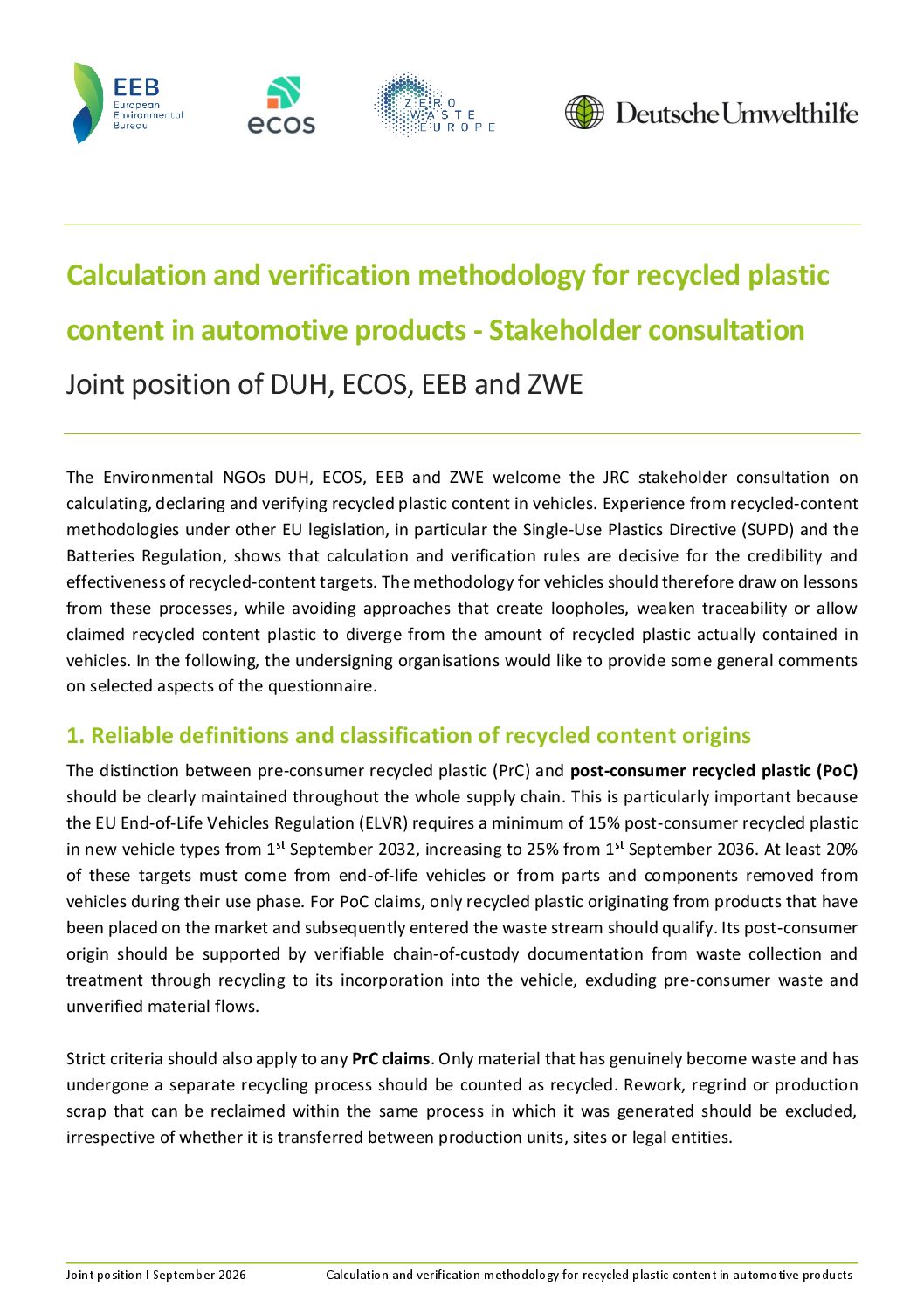 Stakeholder consultation on the calculation and verification methodology for recycled plastic content in automotive products